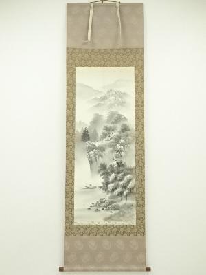 大山瑞雲筆　水墨山水　肉筆絹本掛軸（共箱）